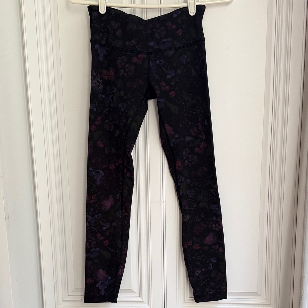 lululemon athletica Kids Black Leggings with Purple Floral Accents